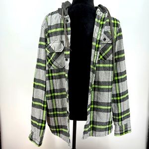 ELXR flannel shirt button down with hood green gray plaid size medium